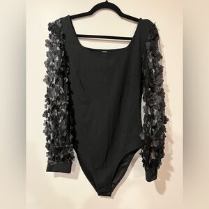 Black Bodysuit with Floral Sleeves